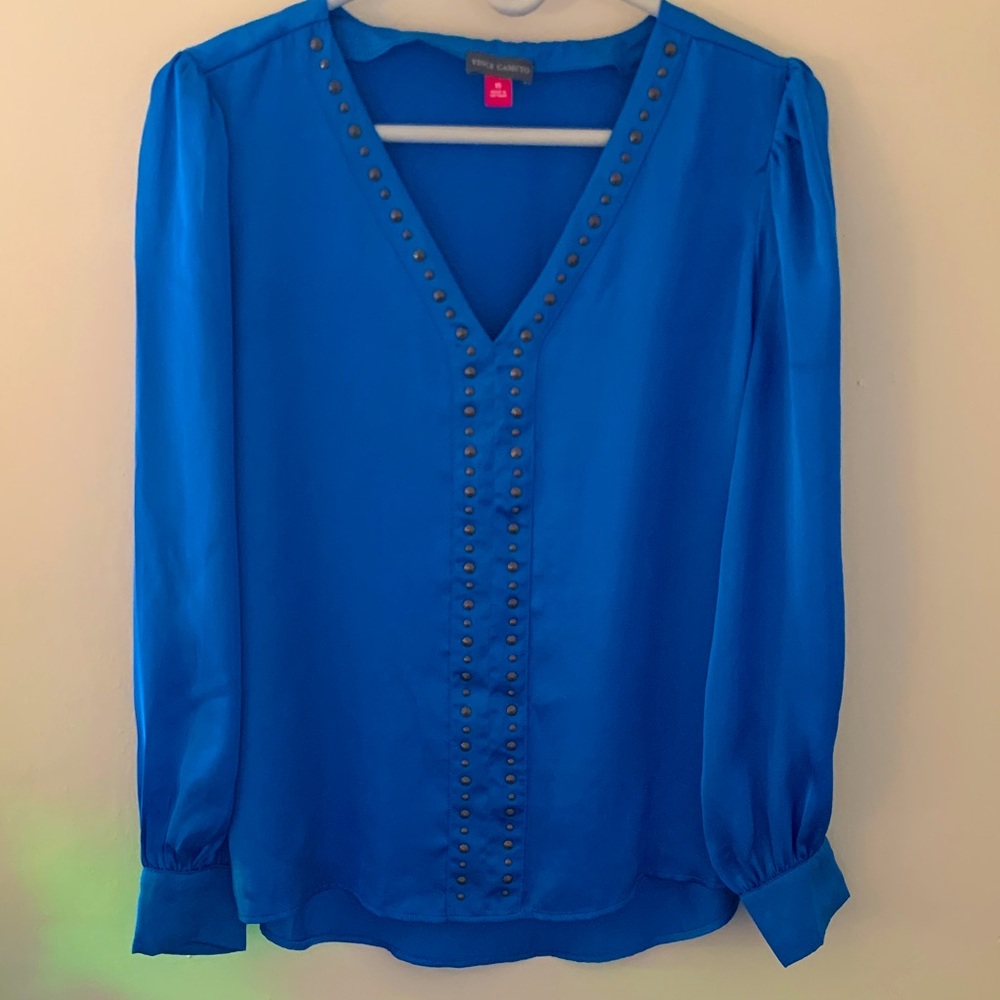 Vince Camuto Royal Blue V-Neck Blouse with Stud Trim